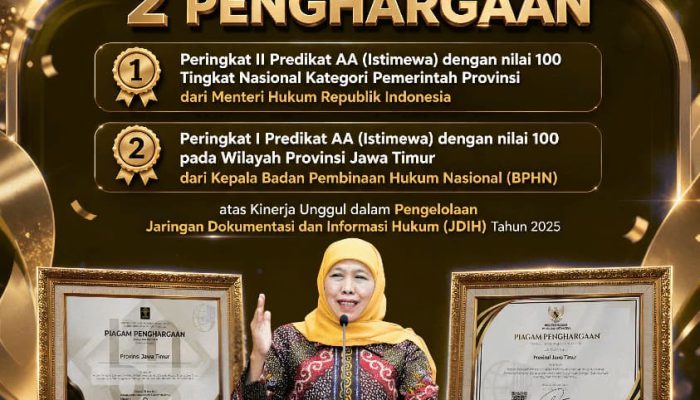Jatim Raih Dua Penghargaan JDIH Sekaligus, Gubernur Khofifah Dorong Layanan Informasi Hukum Makin Digital