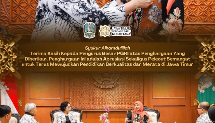 Pendidikan Jatim Torehkan Banyak Prestasi, Gubernur Khofifah Raih Penghargaan Tertinggi PB PGRI